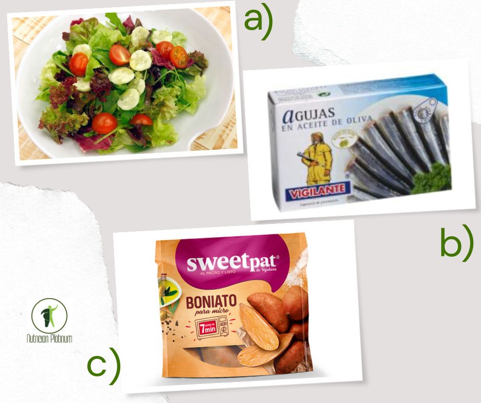 Ensalada de lechugas variadas, pepino y tomates cherry con agujas en conserva y boniatos.